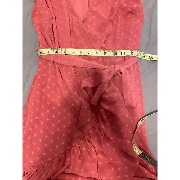 Lulus - Mauve Swiss Dot Ruffled Wrap Midi Dress / L / pink - Picture 4 of 5
